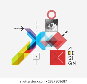 An art composition featuring overlapping translucent geometric shapes. A close-up of the eye is composed of numerous dots. Cover design template. Illustration for presentation, poster, or brochure. 