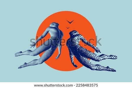 Art composition in сoarse and fine style. Harmony of soul and body. Leadership, freedom or development concept. Cover design template for presentation, poster or brochure. 3D vector illustration.