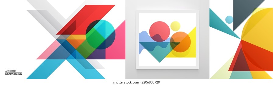 Art composition of flat colorful vector shapes. Abstract transparency geometrical background. Cover design template for presentation, corporate cover document, banner, flyer, poster, brochure. 