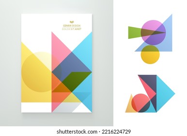 Art composition of flat colorful vector shapes. Abstract transparency geometrical background. Cover design template for presentation, corporate cover document, banner, flyer, poster, brochure. 