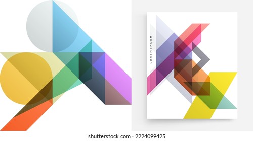 Art composition of flat colorful vector shapes. Abstract transparency geometrical background. Cover design template for presentation, corporate cover document, banner, flyer, poster, brochure. 