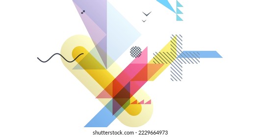 Art composition of flat colorful vector shapes. Abstract transparency geometrical background. Cover design template for presentation, corporate cover document, banner, flyer, poster, brochure. 