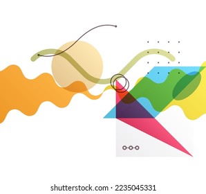 Art composition of flat colorful vector shapes. Abstract transparency geometrical background. Cover design template for presentation, corporate cover document, banner, flyer, poster, brochure. 