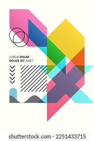 Art composition of flat colorful vector shapes. Abstract transparency geometrical background. Cover design template for presentation, corporate cover document, banner, flyer, poster, brochure. 