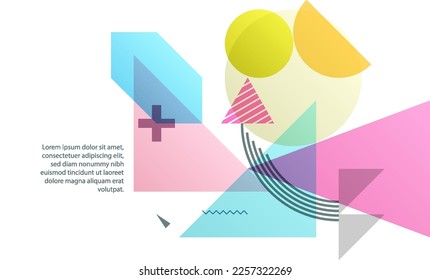 Art composition of flat colorful vector shapes. Abstract transparency geometrical background. Cover design template for presentation, corporate cover document, banner, flyer, poster, brochure. 