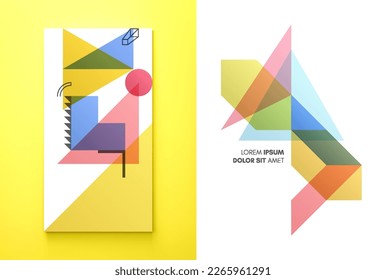 Art composition of flat colorful vector shapes. Abstract transparency geometrical background. Cover design template for presentation, corporate cover document, banner, flyer, poster, brochure. 