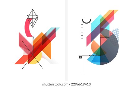 Kunstzusammensetzung von flachen bunten Vektorformen. Abstrakte Transparenz, geometrischer Hintergrund. Cover Design-Vorlage für die Präsentation, Corporate Cover-Dokument, Banner, Flyer, Poster, Broschüre. 