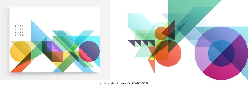 Art composition of flat colorful vector shapes. Abstract transparency geometrical background. Cover design template for presentation, corporate cover document, banner, flyer, poster, brochure. 