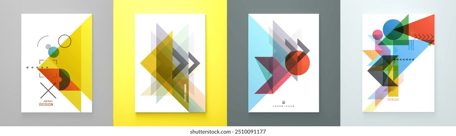 Art composition of flat colorful vector shapes. Abstract transparency geometrical background. Cover design template for presentation, corporate cover document, banner, flyer, poster, brochure. 