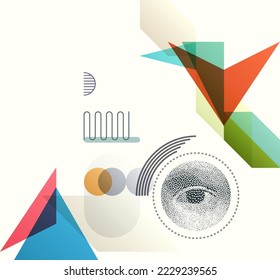 Art composition for art gallery, wall decoration or interior design. Transparency geometrical background. Eye inside a triangle. Cover design template for presentation, poster, cover or brochure. 