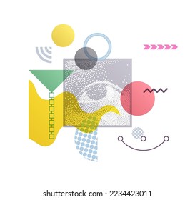 Kunstkomposition für Kunstgalerie, Wanddekoration oder Innenausstattung. Geometrischer transparenter Hintergrund. Auge in einem Dreieck. Design-Vorlage für Präsentation, Poster, Cover oder Broschüre. 
