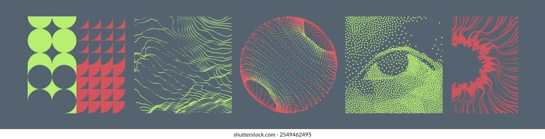 Composição artística com padrão geométrico e olho em quadrado. Matriz com partículas emitidas dinâmicas. Fundo abstrato com partículas dinâmicas. Esfera. vetor 3d para brochura, apresentação, folheto, etc.