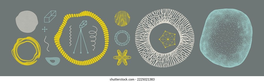 Art composition with geometric shapes and forms. Memphis design. 
Array with dynamic particles of small particles in circle. Molecular grid. Primitives composition. Cover design template.  