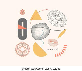 Art composition with geometric shapes and forms. Torus. An abstract cell represented as an object of dots. Cover design template for layout of the science brochure, poster, magazine or billboard. 