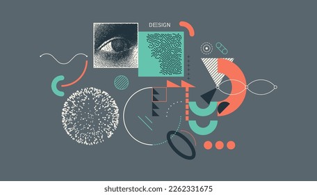 Art composition with geometric shapes and forms. Sphere. Researcher looking at substance. Cover design template for layout of the science brochure, presentation, poster or cover. Vector illustration.