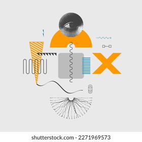 Art composition with geometric shapes and forms. Researcher looking at substance. Cover design template for layout of the science brochure, presentation, poster or cover. Vector illustration.