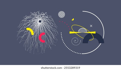 Composición artística con Formas y formas geométricas. Diseño de Memphis. 
Punto de explosión. Matriz con partículas emitidas dinámicas. Vector para presentación, póster, portada, folleto, cartelera o folleto.  