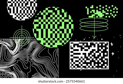 Art composition with geometric shapes and forms. Circles and rectangles with pixel art grunge texture. Cover design template for the science presentation, poster or cover. Vector illustration.