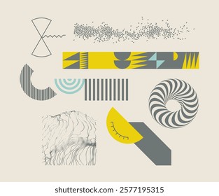 Art composition with geometric shapes and forms. Memphis design.  Irregular array or matrix of random ovals. Striped torus. Abstract background with dynamic particles. Vector for cover, brochure, etc