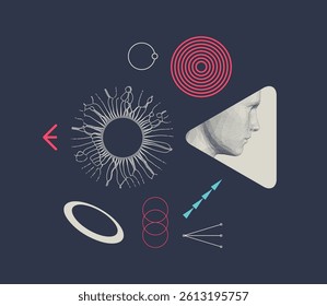 Art composition with geometric shapes and forms. Discovery, studying and learning concept. Man scientist thinking. Memphis design. Cover design template. Vector for brochure, poster, flyer or banner.
