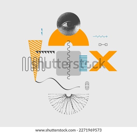 Art composition with geometric shapes and forms. Researcher looking at substance. Cover design template for layout of the science brochure, presentation, poster or cover. Vector illustration.