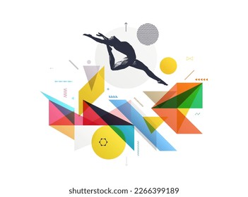 Art composition. Gymnastics activities for icon health and fitness community. Design for sport. Stipple effect. Transparency geometrical background. Template for presentation, cover or brochure.