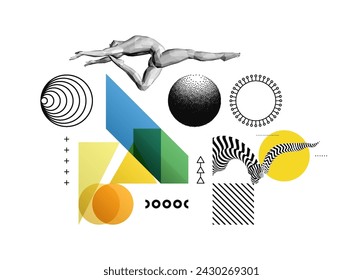 Art composition. Gymnastics activities for icon health and fitness community. Design for sport. Transparency geometrical background. Template for presentation, cover or brochure.