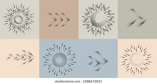 Art composition with halftone dots .Modern art design .Neutral color stripes .Transition dots. Geometric shape. Wall art


