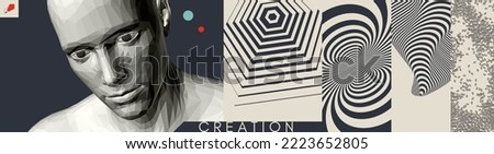 Art composition. Human head. Creativity at work. Time to plan. Background with optical illusion. Striped lines pattern in hexagon shape. Chaotic ovals in empty space. Illustration for presentation.