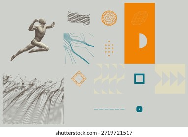 Composición artística. Saltando hombre. Modelo de cuerpo humano 3D. Concepto de liderazgo, libertad o desarrollo. Ilustración vectorial.