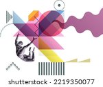 Art composition. Jumping man. Gymnastics activities for icon health and fitness community. Transparency geometrical background. Cover design template for presentation, poster, cover or brochure.