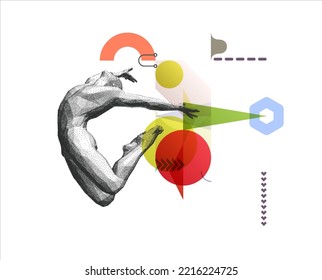 Art composition. Jumping man. Gymnastics activities for icon health and fitness community. Transparency geometrical background. Cover design template for presentation, poster, cover or brochure.