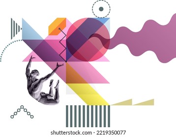 Kunstkomposition. Springer Mann. Gymnastik-Aktivitäten für Ikone Gesundheit und Fitness-Gemeinschaft. Geometrischer transparenter Hintergrund. Design-Vorlage für Präsentation, Poster, Cover oder Broschüre.