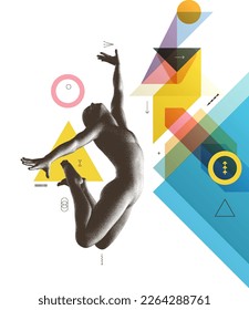 Art composition. Jumping man. Gymnastics activities for icon health and fitness community. Transparency geometrical background. Cover design template for presentation, poster, cover or brochure.