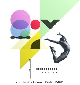 Art composition. Jumping man. Gymnastics activities for icon health and fitness community. Transparency geometrical background. Cover design template for presentation, poster, cover or brochure.