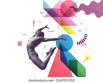 Art composition. Jumping man. Gymnastics activities for icon health and fitness community. Transparency geometrical background. Cover design template for presentation, poster, cover or brochure.