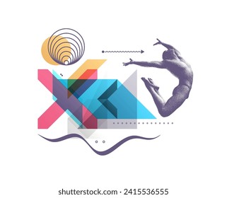 Art composition. Jumping man. Gymnastics activities for icon health and fitness community. Transparency geometrical background. Cover design template for presentation, poster, cover or brochure.