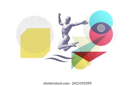 Art composition. Jumping man with stipple effect. The concept of leadership or freedom. Straight horizontal lines on background with translucent geometric overlapping elements (circles, triangles).