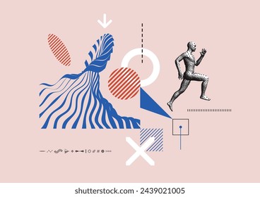 Art composition. Leadership concept. Running man or marathon runner. Ocean wave. 3D human body model in grid style with stipple effect. Design for cover, card, banner, poster, brochure or presentation