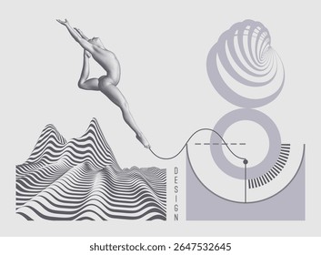 Art composition. A leaping ballet dancer. The human body formed from many points. Mountain. Cover design template. Design for sports event. Vector for brochure, cover, presentation, flyer or banner.