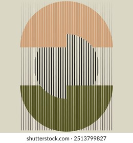Art composition with lines in circle and semi circle shapes .Modern art design .Neutral color stripes .Transition speed lines .Bauhaus art style .Geometric shape. Wall art .