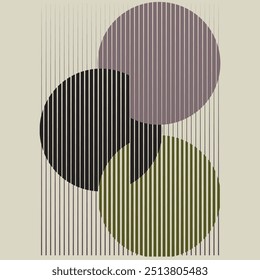Art composition with lines in circle and semi circle shapes .Modern art design .Neutral color stripes .Transition speed lines .Bauhaus art style .Geometric shape. Wall art .