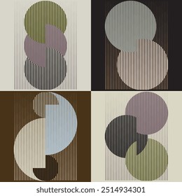 Art composition with lines in circle and semi circle shapes .Modern art design .Neutral color stripes .Transition speed lines .Bauhaus art style .Geometric shape. Wall art .
