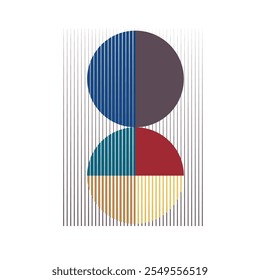 Art composition with lines in circle and semi circle shapes .Modern art design .Neutral color stripes .Transition speed lines .Bauhaus art style .Geometric shape. Wall art 