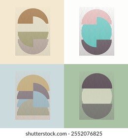 Art composition with lines in circle and semi circle shapes .Modern art design .Neutral color stripes .Transition speed lines .Bauhaus art style .Geometric shape. Wall art 