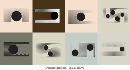 Art composition with lines in circle and semi circle shapes .Modern art design .Neutral color stripes .Transition speed lines. Geometric shape. Wall art
