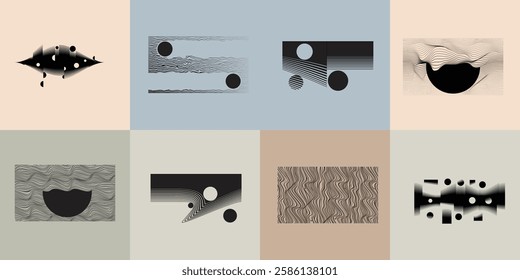 Art composition with lines in circle and semi circle shapes .Modern art design .Neutral color stripes .Transition speed lines. Geometric shape. Wall art
