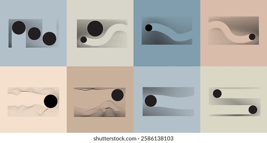 Art composition with lines in circle and semi circle shapes .Modern art design .Neutral color stripes .Transition speed lines. Geometric shape. Wall art
