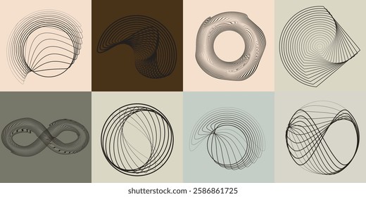 Art composition with lines in circle and semi circle shapes .Modern art design .Neutral color stripes .Transition speed lines. Geometric shape. Wall art
