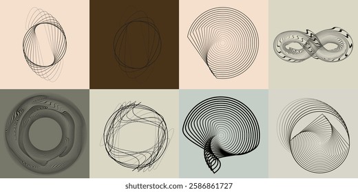 Art composition with lines in circle and semi circle shapes .Modern art design .Neutral color stripes .Transition speed lines. Geometric shape. Wall art
